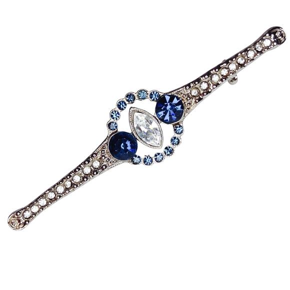 Vintage Mid Century Blue Rhinestone Bar Brooch Edwardian Revival Elegant Pin - Picture 1 of 11